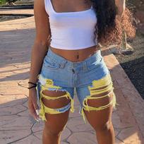 Summer Women's Denim Shorts Torn Raw Edge Shorts 2XL geltona