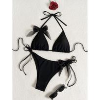 Solid Color Backless Halter Bandage Triangle Micro Thong Bikini Set Women Swimsuit Dot Bowknot Patchwork Swimwear Bathing Suit S juoda