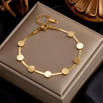 18K Gold Plated Herringbone Bracelet with Round Disc Charms, Dainty Flat Snake Chain Bracelet, Adjustable Minimalist Jewelry for Women Daily Wear Gift auksas