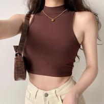 Women's American Retro Sleeveless High-Collar Crop Top: Slim Fit, High Waist, Elastic. XL kava