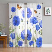 Blue Retro Watercolor Poppy Flower Tulle Window Curtains for Bedroom Luxury Home Decor Drapes in Living Room Chiffon Panels 135W x 114H(cm)