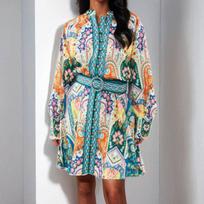 Early Spring Elegant Retro Stand-up Collar Lantern Sleeve Pleated Print Lantern Sleeve Shirt Dress S