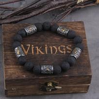 Volcano Lava Stone Beads Stainless Steel Runes Beads Men Bracelet Viking Rune Bracelet with Wooden Box 20-23cm