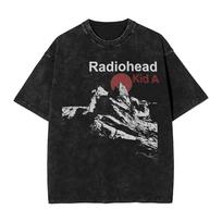Per dydžio rūgštiniu būdu išplėtiniai vintažiniai trumpomis rankovėmis marškinėliai su „Radiohead Kid A Mountain“ grafiniu spaudiniu L