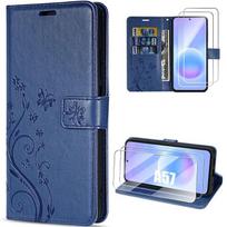 Synthetic Leather Case - BOOLING - for Samsung Galaxy A57 5G - Dark Blue Flower Pattern - 2 Tempered Glasses mėlyna