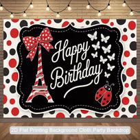 2D Paris Ladybug Birthday Backdrop, Red Black Polka Dot Banner, Birthday Party Decor 47.2x31.5inch/120*80cm