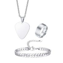 3pcs/set Guitar Pick Pendant Necklace for Men,Rock Punk Flat Cuban Chain Bracelet,Classic Male Jewelry Set Gift 9&Bracelet 18-23CM sidabras