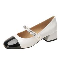 Leather Mary Jane single shoes women's light shoes thick heel 2025 spring new round head French color matching temperament silver single shoes 35