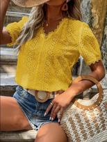New Summer Color Short-sleeved Hollow-out Shirt L geltona