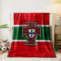 Central crest over a red, green, and white horizontal striped background. for all seasons blanket lunch break throw gift 80cm x 120cm