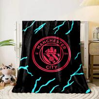 A pink circular crest on black with scattered bright blue lightning streaks. for all seasons blanket lunch break throw gift 80cm x 120cm