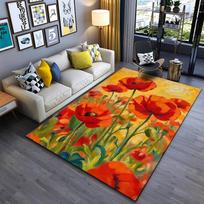 Colorful Floral Carpet Decor with Red Poppy Flowers and Yellow Background Suitable for use as an anti-slip for living room bedroom sofas 40x60cm( 15x23in )