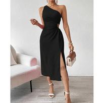 Women's Casual Solid Color Sleeveless  Single Shoulder Sloping Collar Slit Dress L juoda