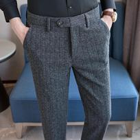 Rudens Žiemos Aukštos Kokybės Vyriškos Vilnonės Kostiuminės Kelnės Vienspalvės Dryžuotos Smart Casual Slim Fit Kostiuminės Kelnės Vyrams Medvilninės Vilnonės Suknelės Kelnės 38 pilka/juoda