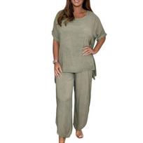 2 Pcs/Set Women T-shirt Pants Set Casual Elastic Waist Solid Color Loose Irregular Hem Sports Short Sleeves Round Neck Plus Size Summer Tracksuit 3XL šviesiai žalios spalvos