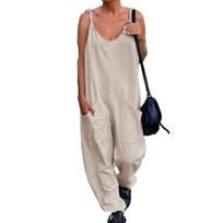 Women Sling V-neck Sleeveless Jumpsuit Big Pockets Wide Leg Solid Color Thin Playsuit Bib Overall Streetwear M abrikosas