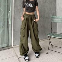 Womens Parachute Pants Baggy Cargo Pants Elastic Waist Harem Pants Pockets Punk Trousers S armijos žalia spalva