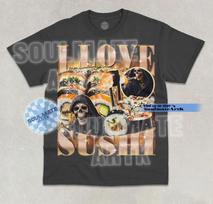 I Love Sushi T- Shirt Funny Skeleton Food Lover Bootleg Graphic Unisex Meme  Shirt XL