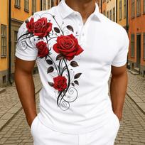 Madingi Elegantiški Raudonos Rožės Gėlių Spaudos Polo Marškinėliai Vyriški Lauko Gatvės Trumpomis Rankovėmis T-shirt Viršutinė Dalies Vasaros Namų Laisvalaikio Marškinėliai Vyriški ir Moteriški Polo Marškinėliai S brown