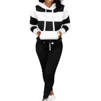 2 Pcs/Set Women Hoodie Pants Set Elastic Waist Striped Color Matching Hooded Long Sleeves Warm Drawstring Plus Size Pockets Women M juoda