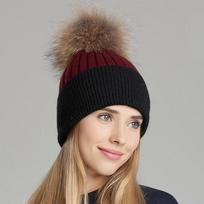 Ladies Elegant Outdoor Wool Blender Knitted Hat with Real Fur Pompom CX-C-45 One Size bordinė