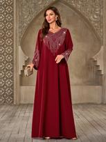 XQY500405 Middle East Women's Clothing, Fashion Hot Diamond V-Neck Casual Loose Dubai New Dress S bordinė