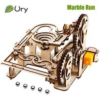 3D Ury Wooden Puzzles Electric Catapult Track Device Marble Run Set Mechanical Model Science Maze 5 Balls Assembly Gift For Kids