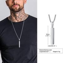 Men Custom Engraving Names Rectangle Bar Necklace, 3D Square Geometric Stainless Steel Pendant Collar Gift Jewelry No engraving&60cm