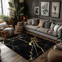 Marble Pattern Area Rug, Black Gold Geometric Carpet for Living Room, Plush Non-Slip Sofa Mat with Luxury Accent Decor 50x80cm