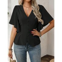 Moda temperamento estilo Profundo Decote Em V Cor sólida single-breasted cintura feminina de manga curta topo S juoda