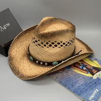 Wind Raffia Hand-Woven Hollow Gemstone Vacation Shade Cowboy Hat Straw Hat M（56-58cm）