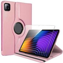 Coque + Verre Trempé pour Xiaomi Pad 7 / 7 Pro, Rotatif 360° Multi-Angle Antichoc Effet Cuir Rose rožinė