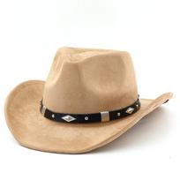 Classic Metal Belt Western Cowboy Hat Autumnwinter Suede Felt Hat for Men and Women Euro-American Top Hat Outdoor Riding Cap 54-59cm-adjustable smėlis