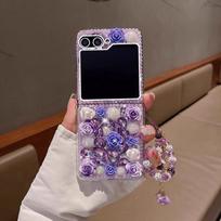 for Samsung flip6  3D Flower Diamond Glitter Case for Samsung Galaxy Z Flip 6  4 3 zflip Wrist Chain Shiny Pearl Cover for Samsung Z Flip 6