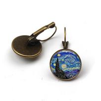 Fashion Silver Color Simple Style Earings Van Gogh Famous Artist Starry Night Dangle Earrings Glass Cabochon Jewelry Women Gifts bronza