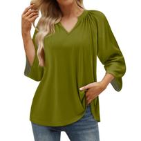 Women's Summer Casual 3/4 Sleeve T-Shirt Solid V Neck Pullover Top L armijos žalia spalva