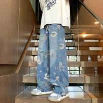Rudens Gėlėmis Spausdinti Džinsai Vyrams Y2K Vintažiniai Džinsiniai Kelnės Hip Hop Mada Plataus Kojų Laisvi Džinsai Gatvės Stiliaus Kelnės XXXL mėlyna