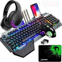 Belaidis žaidimų klaviatūros, pelės ir ausinių rinkinys, 4 in 1.16 RGB apšvietimo įkraunama klaviatūra su riešo atrama, 7 žaidimų pelė su apšvietimu ir RGB "Bluetooth" ausinės