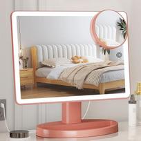 FUNTOUCH didelis šviečiantis makiažo veidrodis, 37 x 22,8 cm, 88 šviesos diodai, 360 laipsnių pasukamas jutiklinis ekranas, 10 kartų padidinimas, stalinis tualeto veidrodis, rožinis auksas