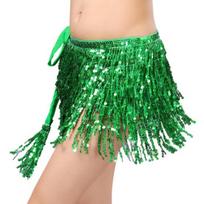 Moterų pilvo šokių sijono grandinėlė Kutas blizgučiai Dviejų sluoksnių suvarstomi Bohemian Clubwear Performance Mini Waist Wrap Latin Dance Practice trumpas sijonas tamsiai žalia spalva