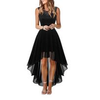 Moteriška berankovė nėriniuota suknelė aukštu priekiu ir ilgu galu, apvalia iškirpte, kokteilinė suknelė, formali vestuvių svečio suknelė, platėjanti suknelė vakarėliui, išleistuvėms S juoda