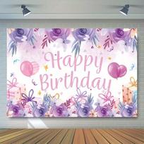 2D Girls Pink Purple Birthday Backdrop, Floral & Balloon Banner, Happy Birthday Party Decor 47.2x31.5inch/120*80cm