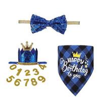 1 Set Pet Birthday Costume Dog Birthday Bandana Glitter Hat Age Numbers Sparkly Sequined Bow Tie Puppy Birthday Party Supplies for Dogs Cats mėlyna