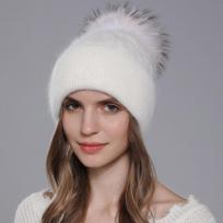 New Natural Raccoon Fur Pompom Knit Hat for Women Warm Angora Rabbit Bonnet Women's Winter Fleece Hats Casual Female Caps
