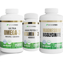 NATURESTRONG Sveikatos ir Gyvybingumo Komplektas – Omega-3, Magnis, Vitaminas D3