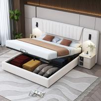 Polsteriuota lova 180x200 cm, hidraulinė, aksomas, USB, skaitymo lempa, beige