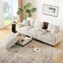 L formos kampinė sofa, USB lizdai, 2 puodelių laikikliai, 4 vietų