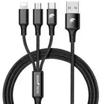 RhinoTech įkrovimo ir duomenų kabelis 3 viename USB-A (MicroUSB + Lightning + USB-C) 1,2 m juodas