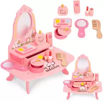 Medinis vaikiškas kosmetinis staliukas su veidrodžiu ir stalčiumi, 7 priedai, ECOTOYS