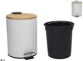Šiukšliadėžė su bambuko dangčiu ir pedalu, 3 l, balta, 21.00 x 17.00 x 23.00, BATH&GO